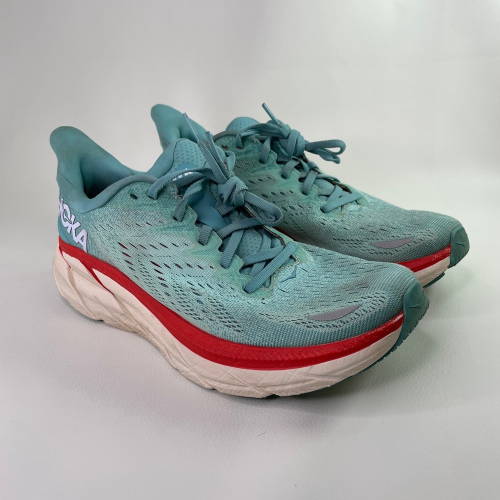 Hoka One Clifton 8 Aero Blue Radiant Yellow Running Shoes 1119394 AEBL Womens 8B